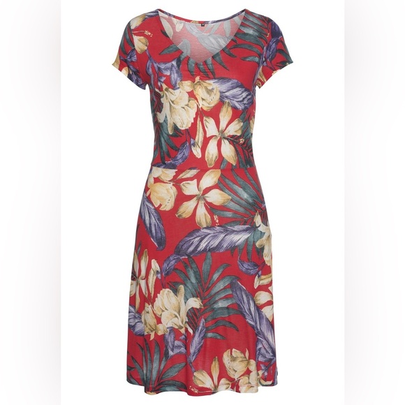Lascana by Venus Red Tropical Pattern V-Neck Dress - Picture 2 of 3